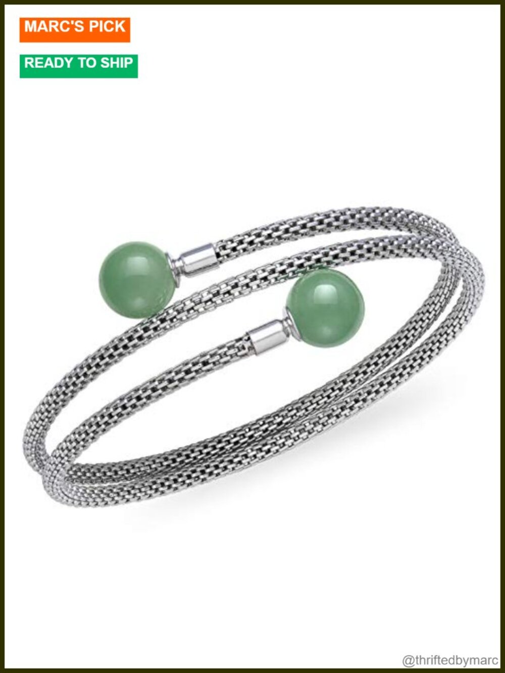 Green Jade Gemstone Bracelet in Sterling Silver Mesh